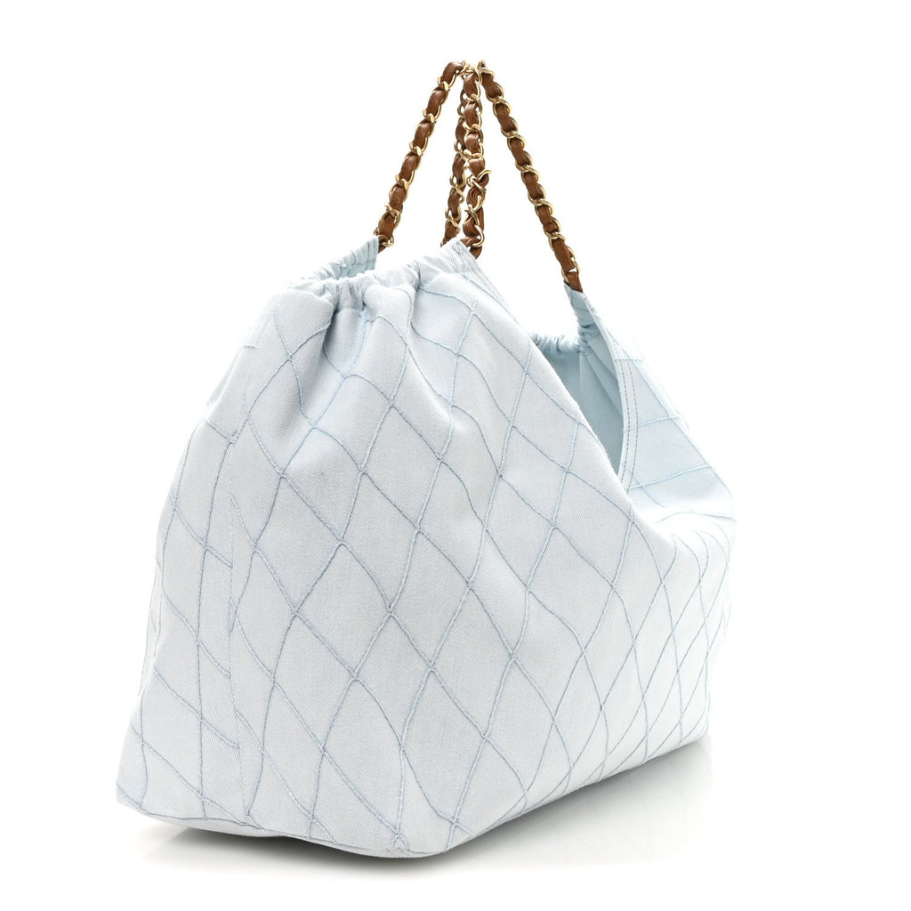 Denim Calfskin Quilted Coco Beach Small Shopping Tote Light Blue Brown