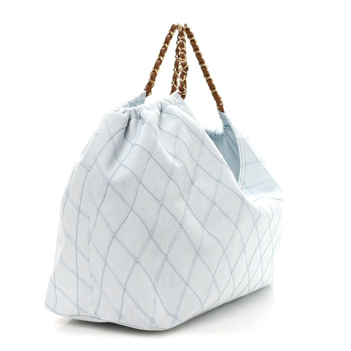 Denim Calfskin Quilted Coco Beach Small Shopping Tote Light Blue Brown