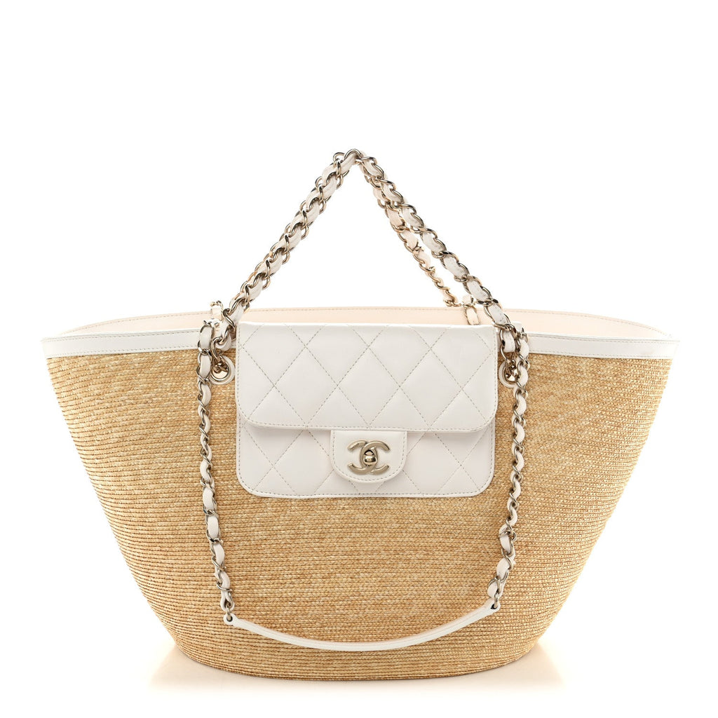 Raffia Braided Lambskin Large Wicker Tote Beige White