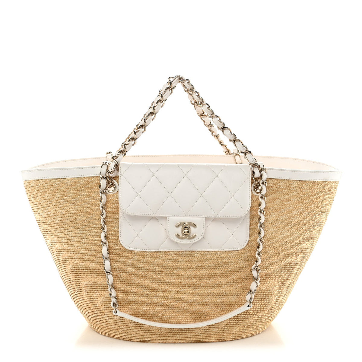 Raffia Braided Lambskin Large Wicker Tote Beige White