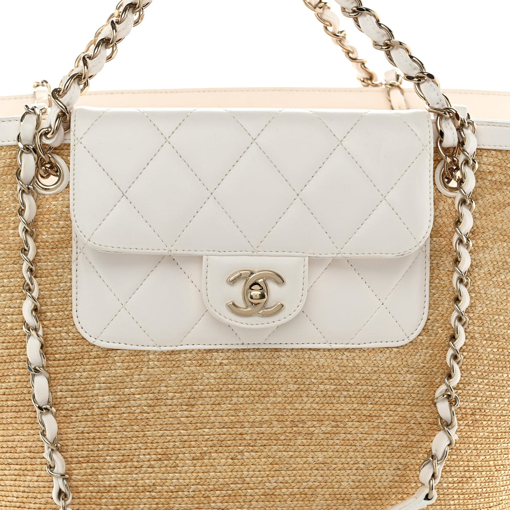 Raffia Braided Lambskin Large Wicker Tote Beige White