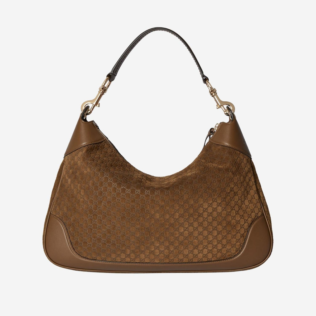 Gucci GG Monogram Embossed Suede Shoulder Bag — Brown
