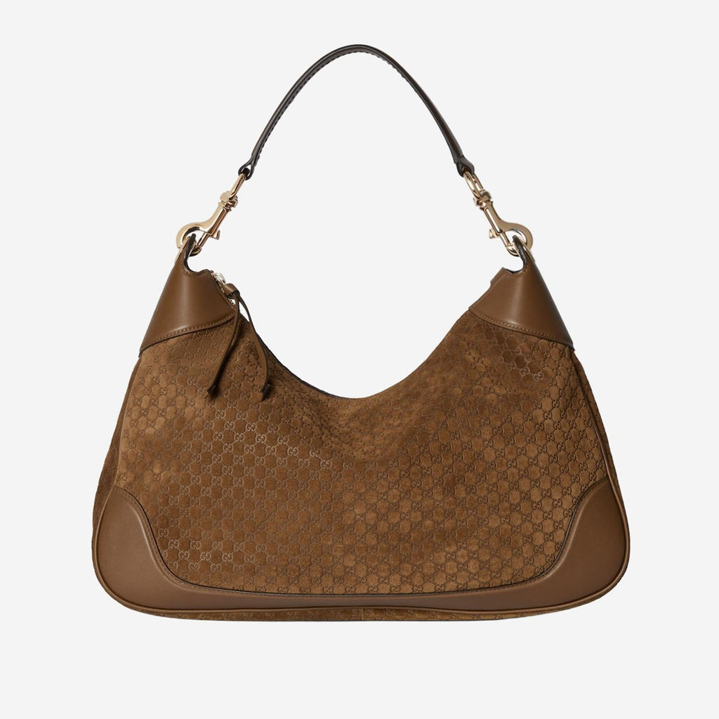 Gucci GG Monogram Embossed Suede Shoulder Bag — Brown