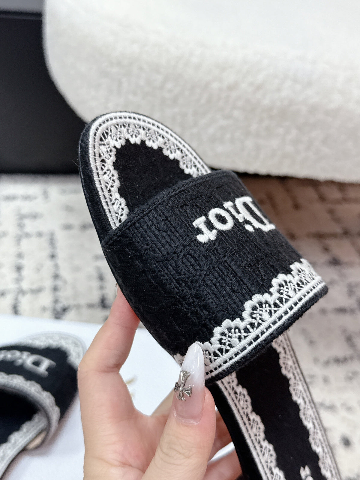 CD 26 Embroidered Slippers Black Canvas 617083